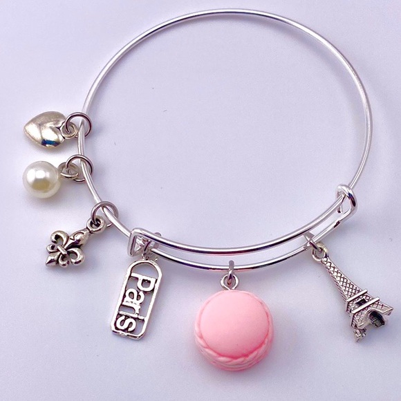 Paris Charm Bracelet Bangle Macaron Eiffel Tower - Picture 1 of 5